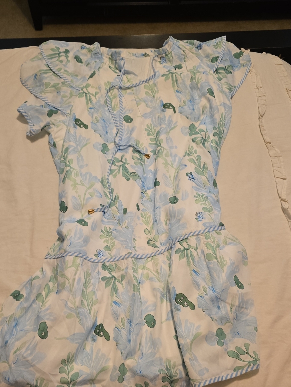 Womens Floral Blue & Green Ruffle Dress. Fully Lined